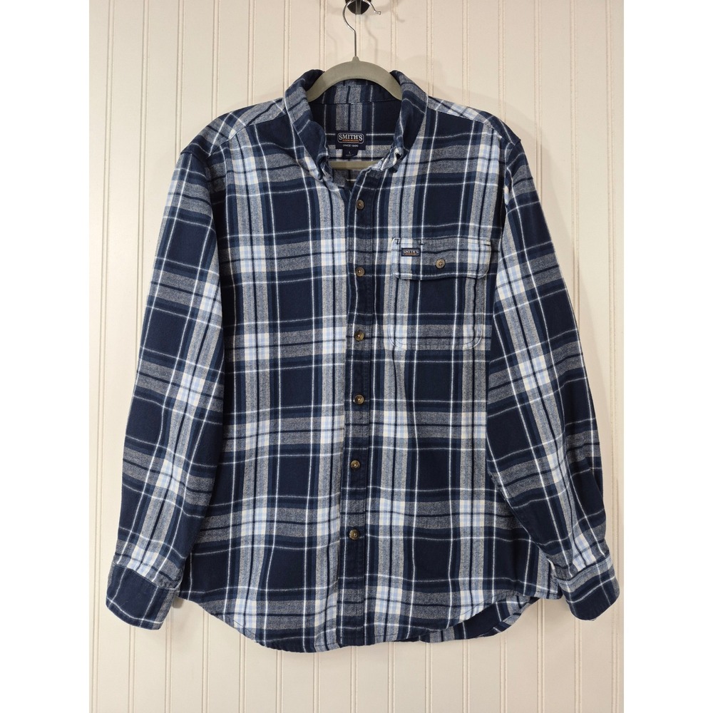 NEW Smiths Workwear Mens Navy Blue‎ White Plaid Flannel Button Down Shirt Large